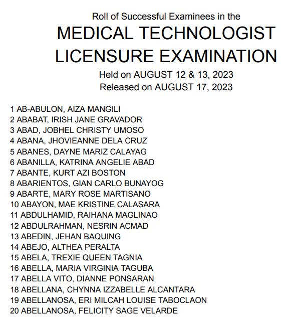 Lists of passers for MTLE RESULTS August 2023